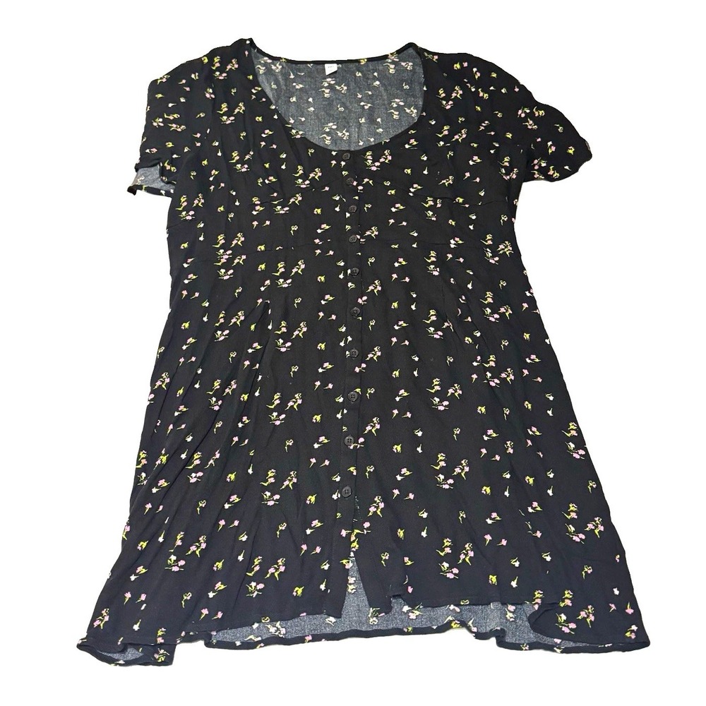 BP. Plus 1X Black Floral Button Front Smocked Short Sleeve Scoop Neck Dress